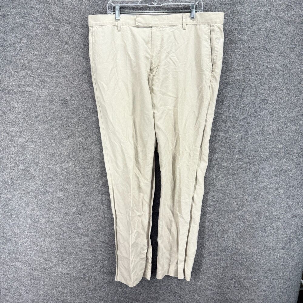 Claiborne Dress Pants Men 38 Beige Mid Rise Pleated Pockets Linen Skinny Regular